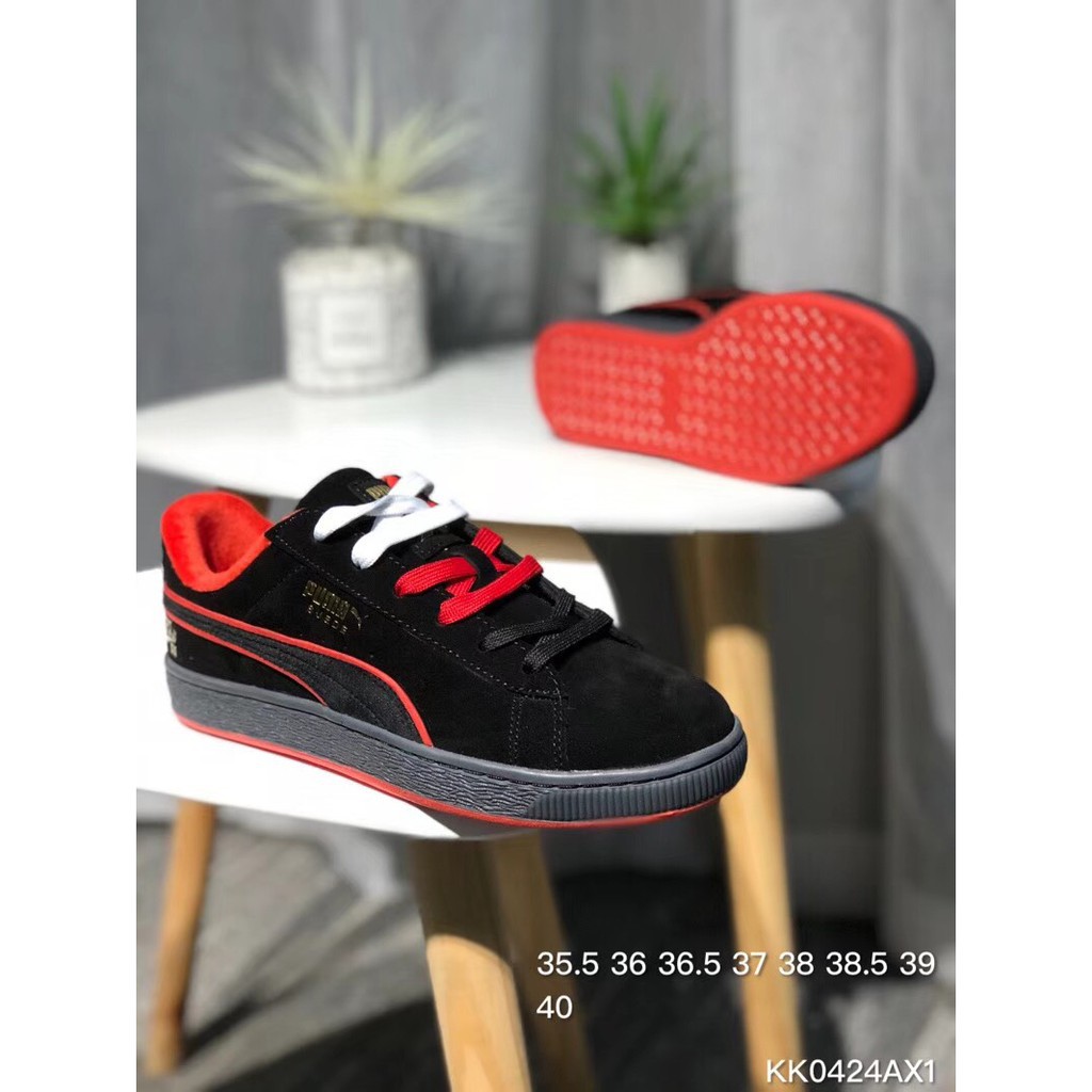 black and red suede pumas