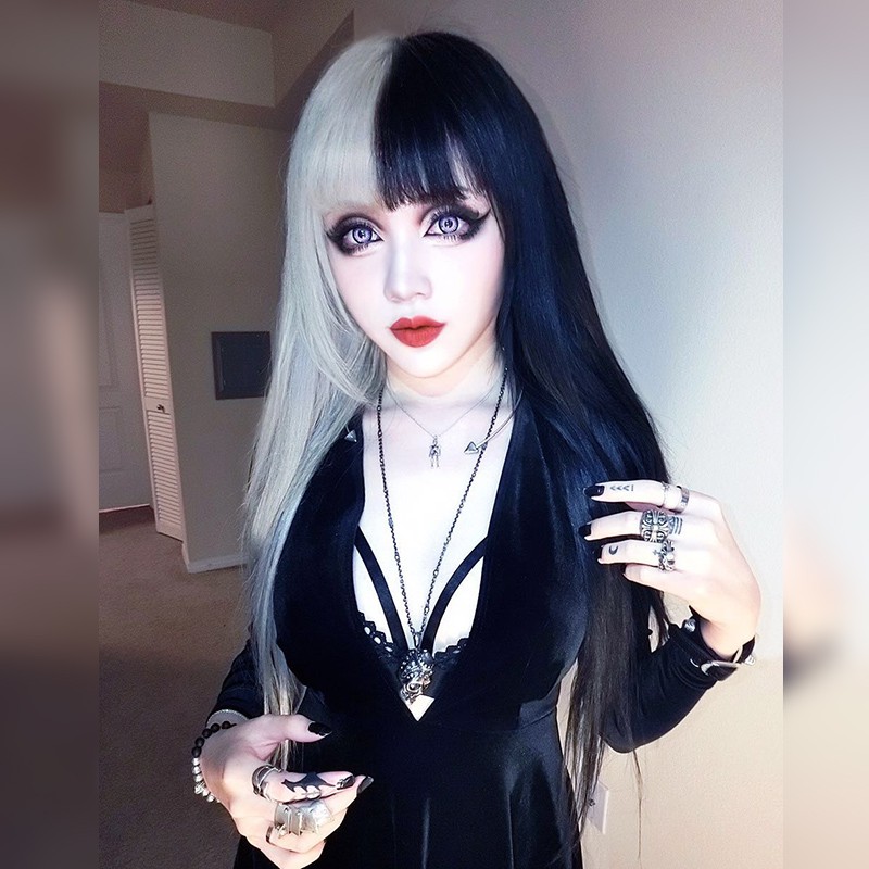 Punk Goth Style Wig Women Long Straight Hair Black And White Air