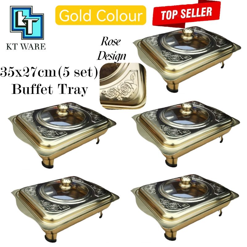 KT WARE 5 set  GOLD 35x27 BUFFET EMBOSSED BUFFET TRAY SET / BUFFET FOOD TRAY SERVING TRAY FOOD PAN KENDURI SET CATERING