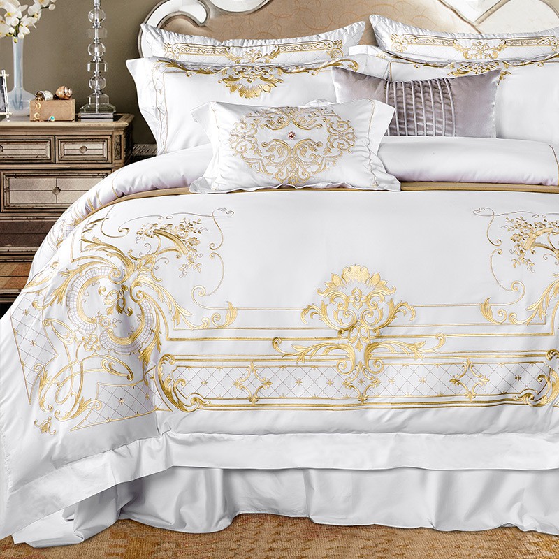 White Golden Bedding Set Queen Super King Size Embroidery Duvet