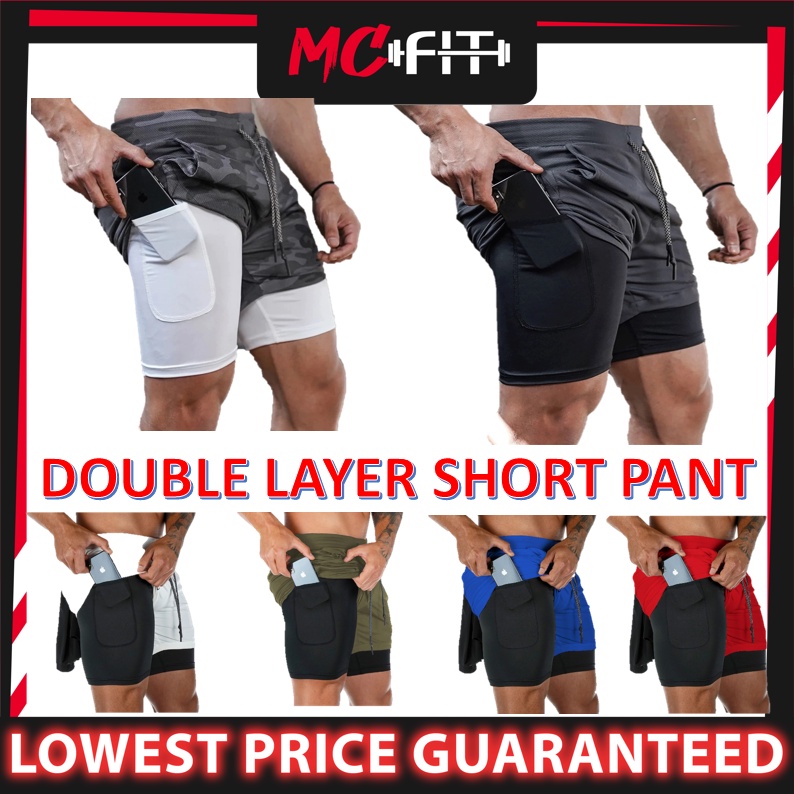 MCFIT Men's Double-layer Running Shorts Quick Dry Gym Fitness Jogging Workout Sports Short Pants Seluar Pendek Berlapis