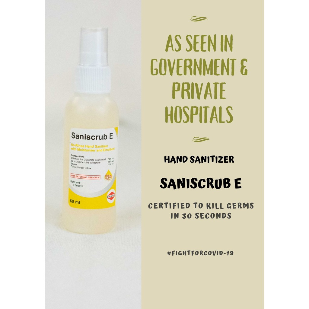 Hospital Grade Hand Sanitizer SaniscrubE 60ml Chlorhexidine 0.5
