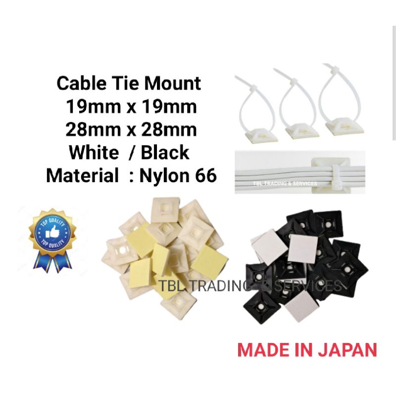 20mm 25mm 28mm Sticky Backed Black & White Self-Adhesive Cable Tie Base Mounts 