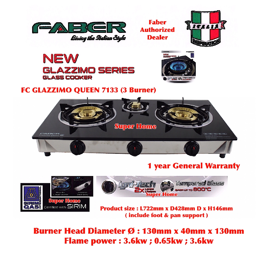 Faber Gas Cooker Fc Glazzimo Queen 7133 Slim Body Design Tempered Glass Gas Stove 3 Burner Shopee Malaysia