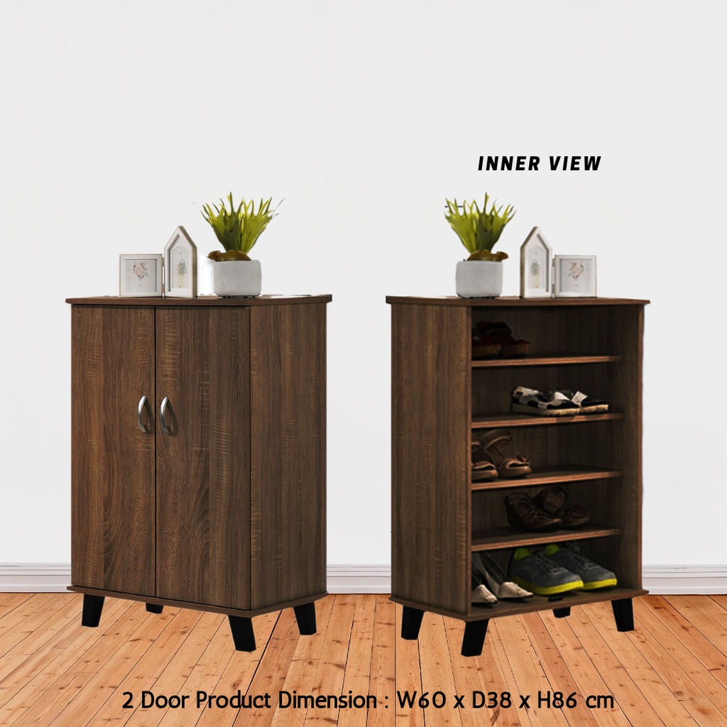 Shoes 2 Door Rak Kasut Almari Dark Brown Color with Soft