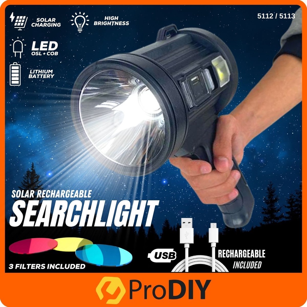 Super Bright Solar Rechargeable Handheld Spotlight Filters Flashlight Camping Hiking Work Lamp Lampu Suluh (5112 / 5113)