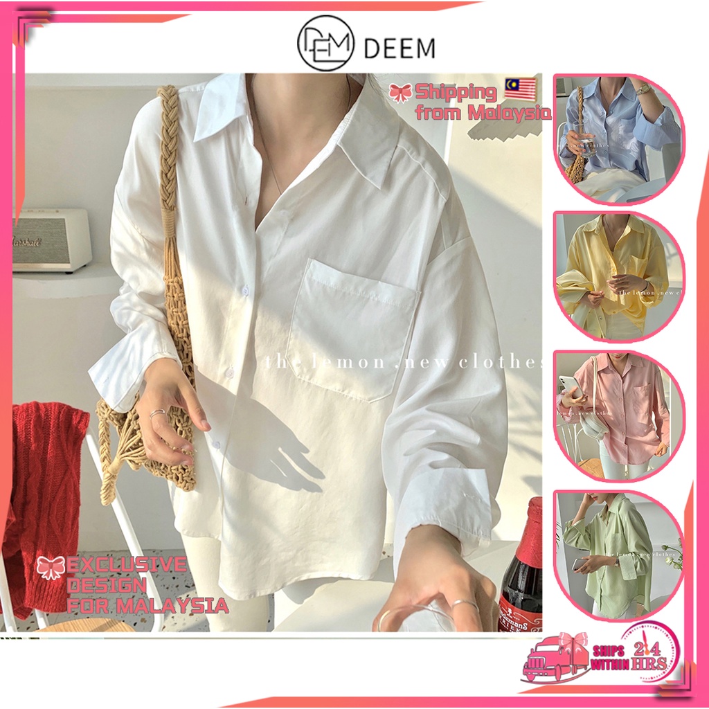 DEEM Lapel Pocket Shirt Versatile Loose Casual Long Sleeve Sunscreen Top kemeja Perempuan Baju Wanita Lengan Panjang