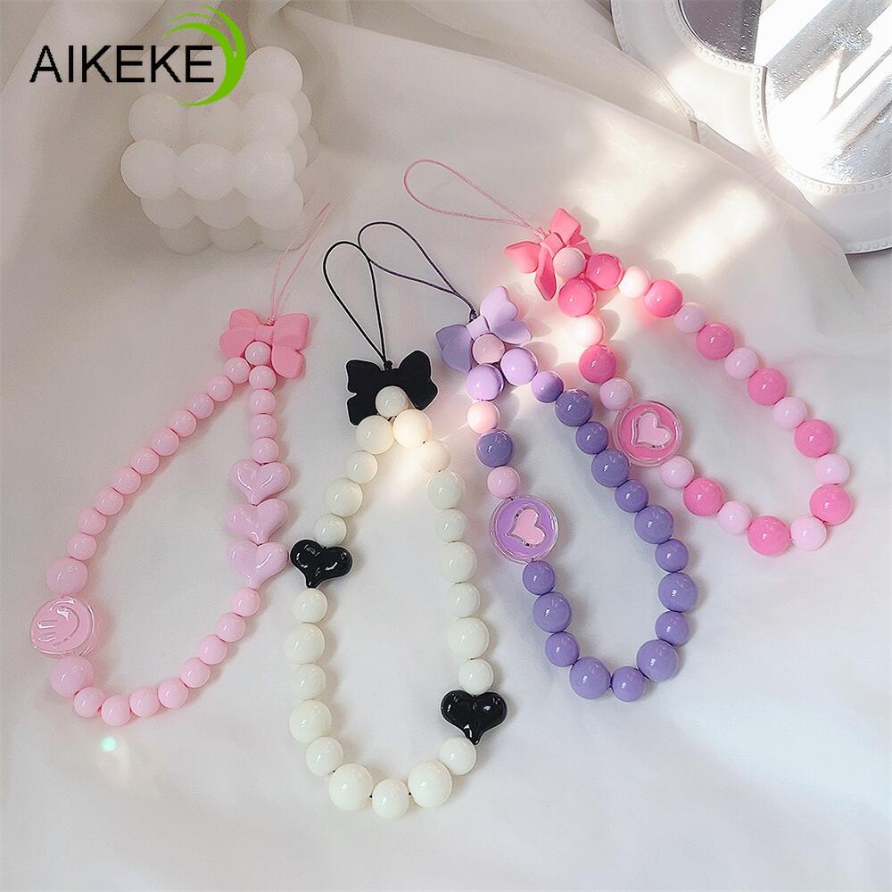 Trendy Colorful Bow Tie Love Heart Beads Chain Cell Phone Chain Anti-lost Handmade Macaron Candy Color Lanyard Soft Pottery Rope Strap