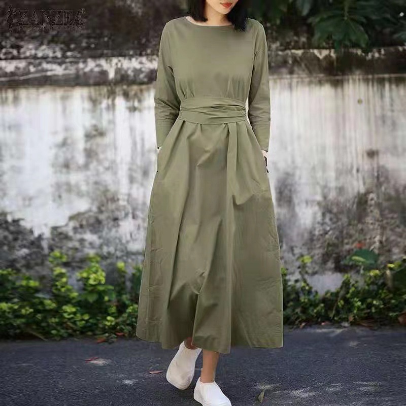 Ladies Round Neck Laced-Up Belt Solid Color Long Sleeve Dress