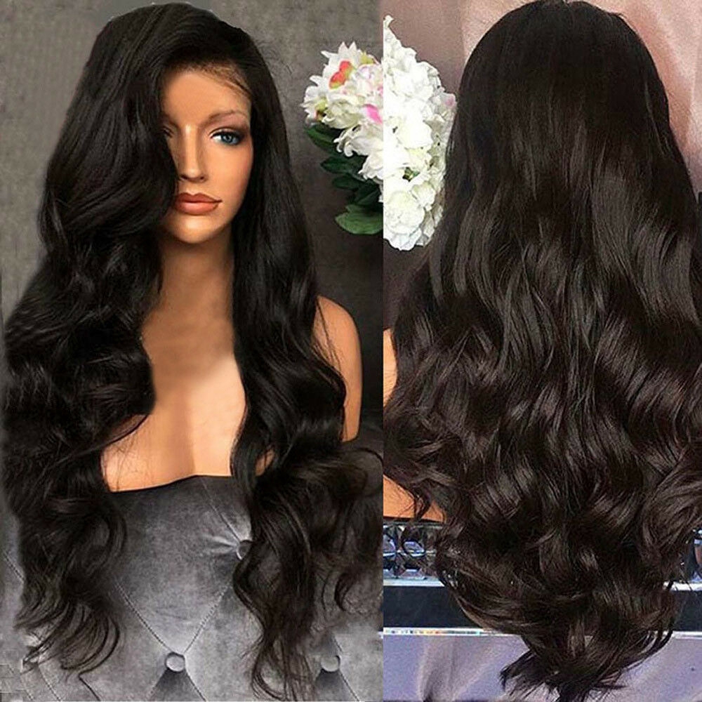 Black Curly Wavy Human Hair Body Wave Wavy Long Full Wig Heat