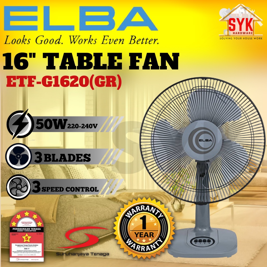 SYK ELBA ETF-G1620(GR) 16" 3 Speed Electric Table Desk Fan Home Appliances Kipas Meja Kipas Angin Meja (50W)
