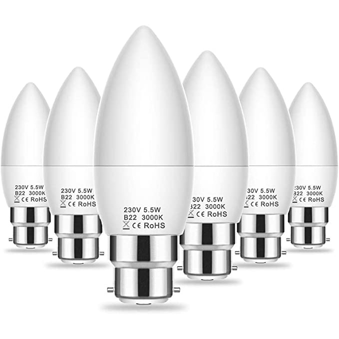 LOHAS B22 Bayonet Light Bulb, B22 LED Bulb 5.5W, Equivalent to 60W, Non-Dimmable, Warm White 6000K, C37 LED Candle Bulbs