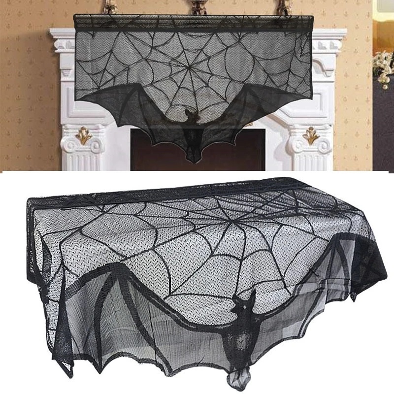 Halloween Curtain Black Bat Spiderweb Lace Decor / Halloween Tablecloth Lamp Shades Cover