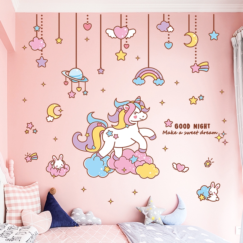 Cartoon Self Adhesive Background Wallpaper Cute Unicorn Waterproof Wall Sticker For Girls Bedroom Decoration Shopee Malaysia