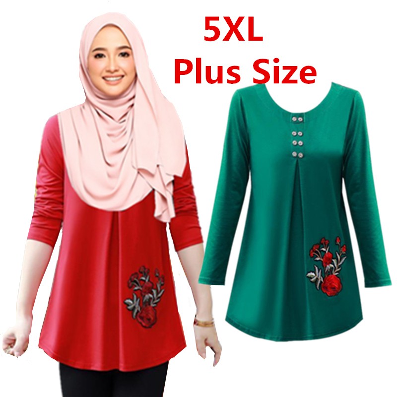 5xl Rose Embroidery Muslimah Long Sleeve Loose Plus Size Blouse Casual Shirt Tops Muslim Baju