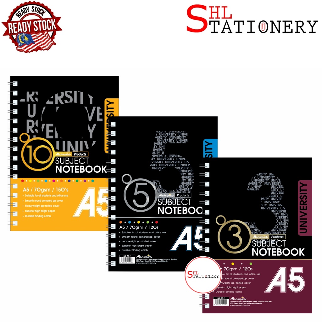 MASTER PRINT A5 University Subject Notebook 3 / 5 / 10 Unique Coloured PP Paper 70gsm 120 Sheets