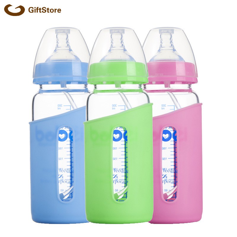 300ml Newborn Feeding Bottle With Silicone Cover Anti Hot Infant