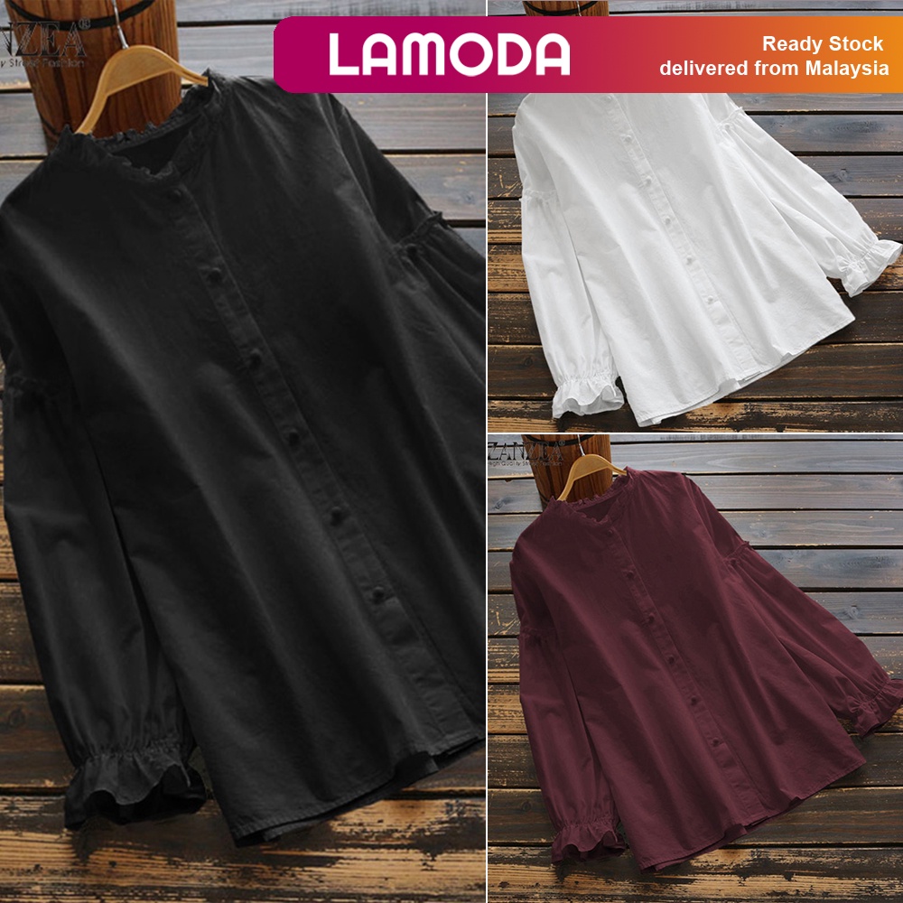 [S-5XL][Lamoda]NANAMI Women Vintage Long Sleeve Breasted Ruffled Crew Neck Blouse