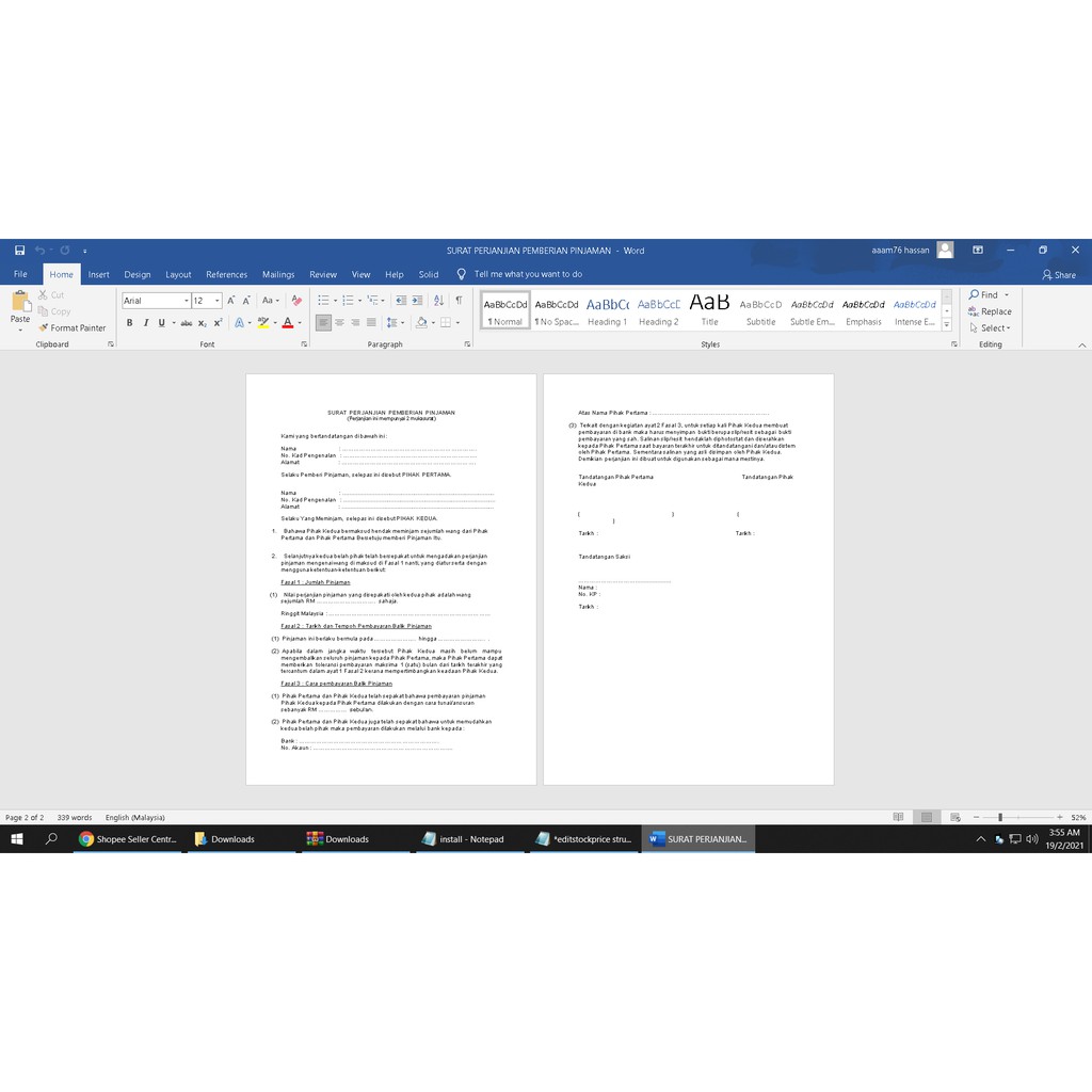 Contoh surat perjanjian pinjaman wang (word editable)  Shopee 