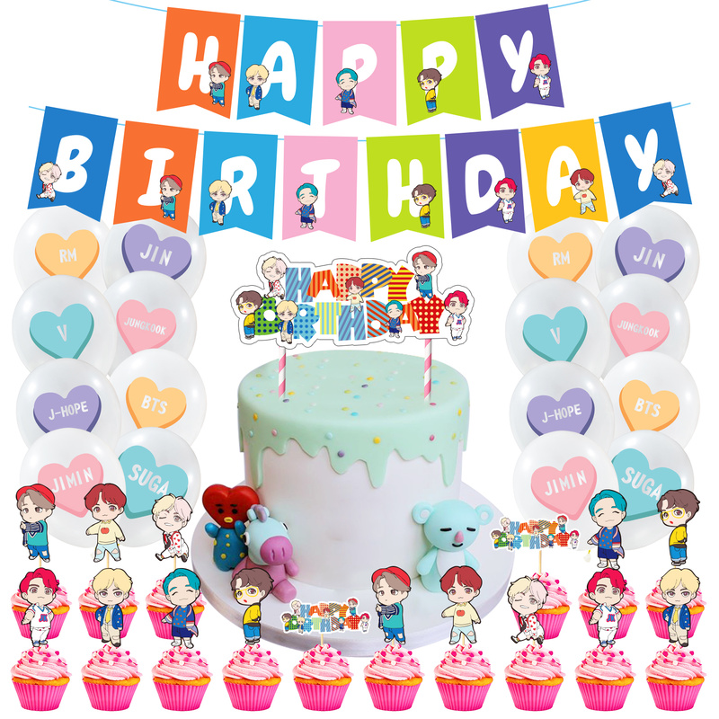 Buy Bts Birthday Party Supplies Including 1 Birthday Banner 1 Big Cake Topper 24 Cupcake Toppers 16 Balloons Seetracker Malaysia