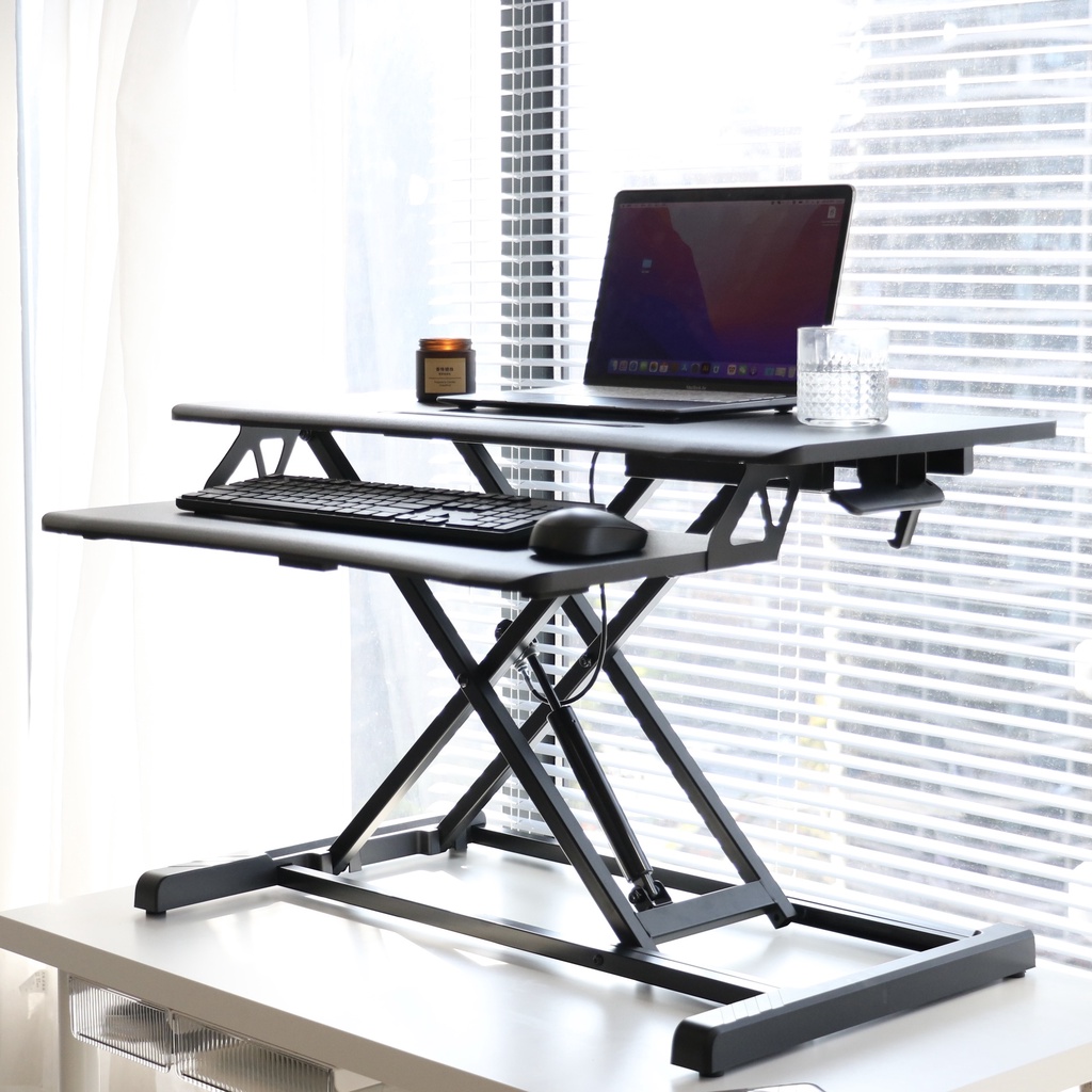 ELIVED Standing Desk Converter, 32 Inches Height Adjustable Gas Spring Desk Riser Fits Dual Monitors and Laptop, Stand Up Desk with Deep Keyboard Tray for Home Office Workstation (