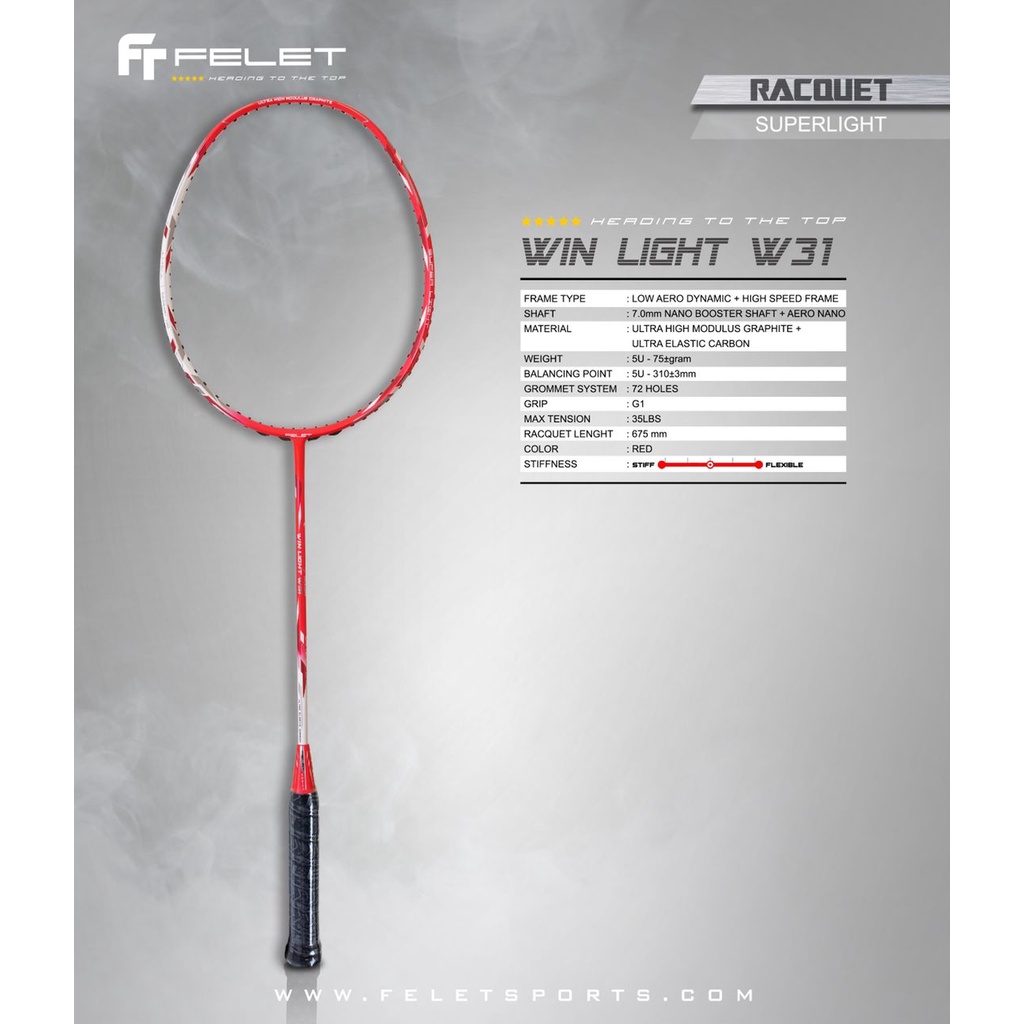 FELET-Badminton-Racket-【-Win-Light-W31-】【-NANO-FASTEX-800-】-Super-Light-String-Grip-!!-ORI-fleet-racquet