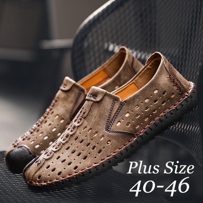 men's casual shoes slip on hollow leather loafers