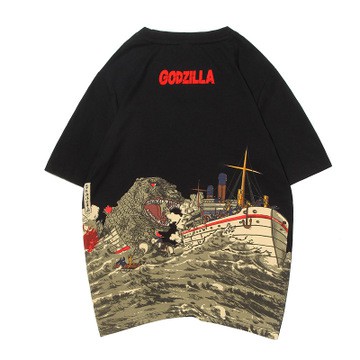 Men Godzilla T-shirt Ukiyoe Japanese Traditional Wagara Wave Camiseta Basic Tops
