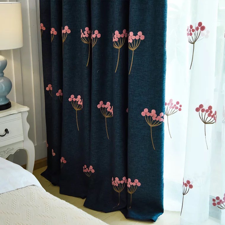Melin Red Flower Pattern Embroidery Window Curtain Linen Blackout