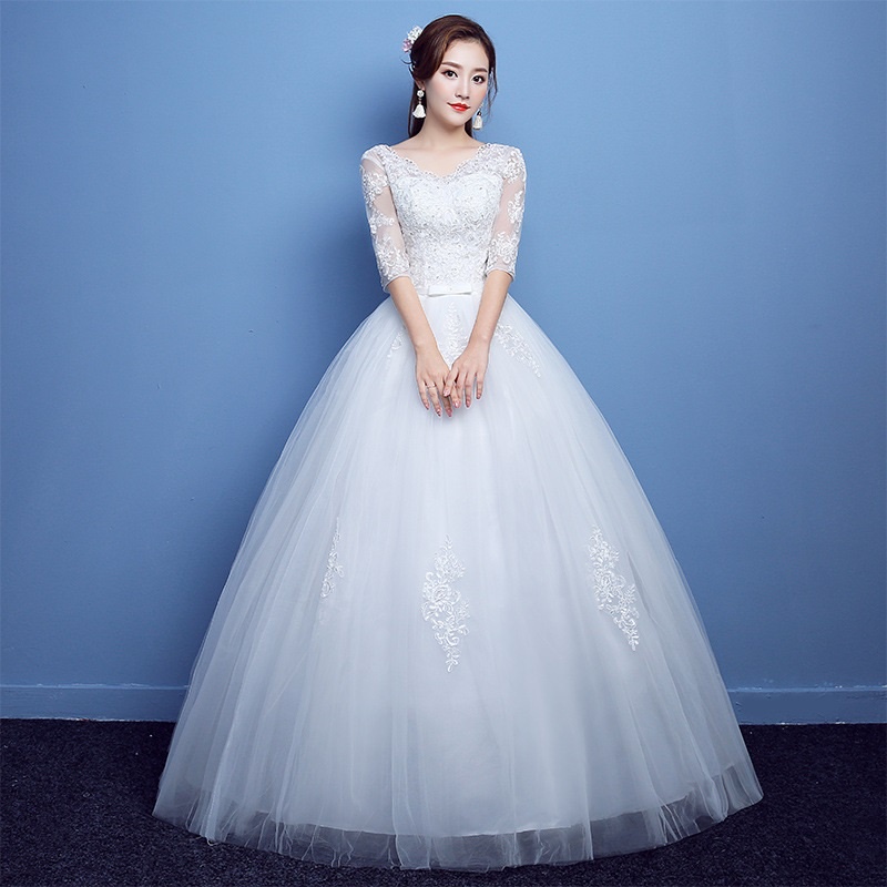 Plus Size Korean White Wedding Dress Mid Sleeve Off Shoulder Slim A-line Dresses Embroidered Lace Bridal Wedding Gown