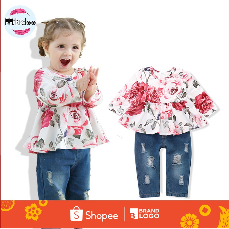 Buy Kids Baby Girl Flower Denim Set Long Sleeve Floral Dress Top Ripped Jeans 2pcs 6 36m Baby Girl Fashion Clothes Seetracker Malaysia