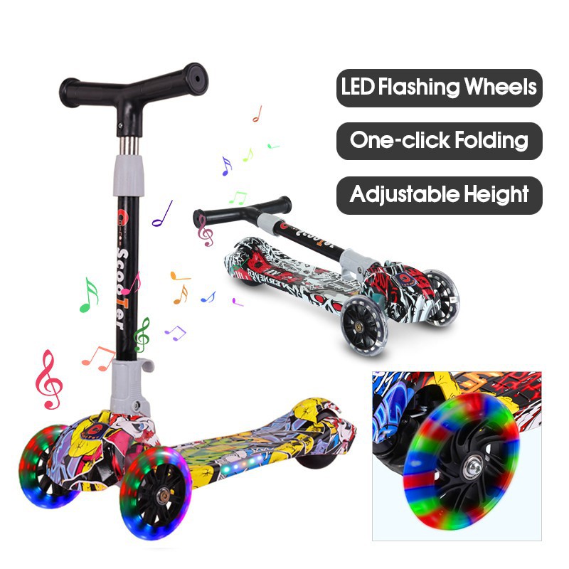 skuter。skateboard。 Kids Scooter Skuter Foldable Adjustable Height Cartoon 3  Wheels Flash Wheel Scooter With LED Light c | Shopee Malaysia