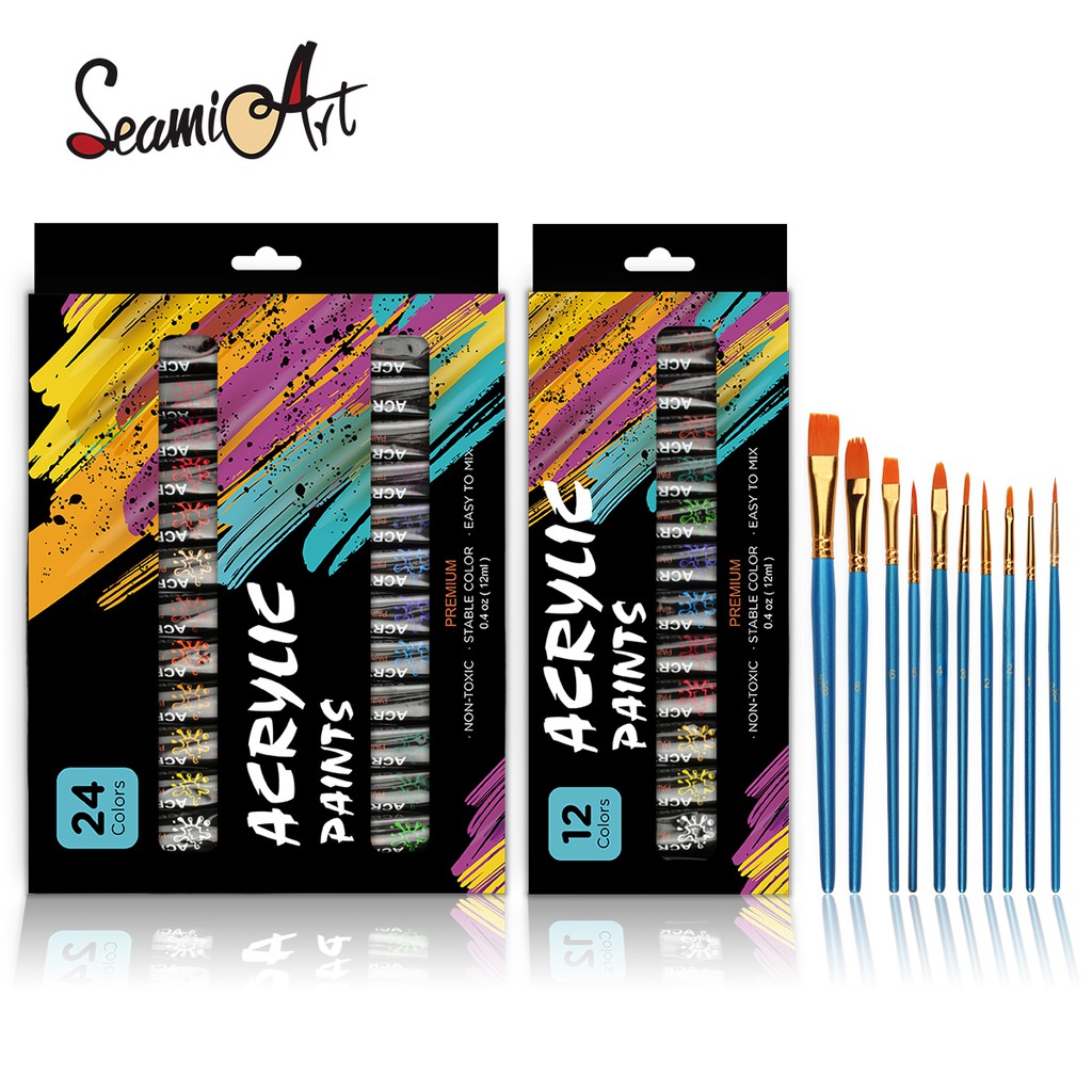 Seamiart [Ready Stock] 12/24 Colors Acrylic Paint Set 12ml Tube Acylic Paint with 10pcs Painting Brush for Wall Drawing Cloth Shoes DIY 丙烯颜料 墙绘 手绘