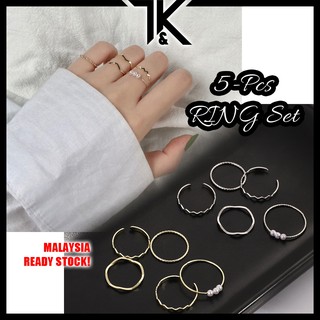 [SHIP FROM MALAYSIA] Elegant 5-PCS Pearl Ring Set Fashion Wave Twisted Ring Finger Gold/Silver Cincin Emas/Perak 戒指女韓國