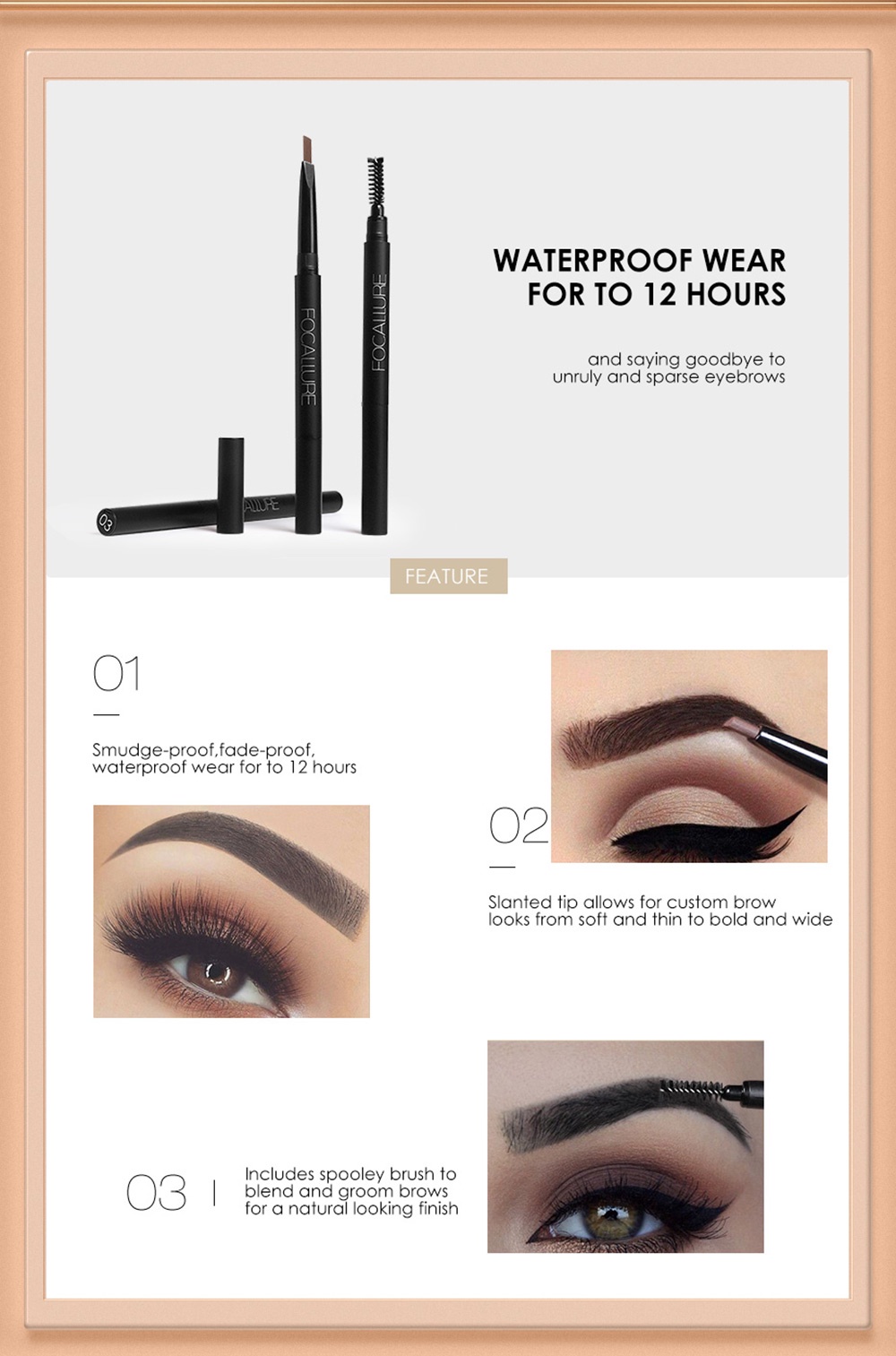 FOCALLURE Waterproof Long-Lasting Eyebrow Pencil 3 Colours eyebrow ...