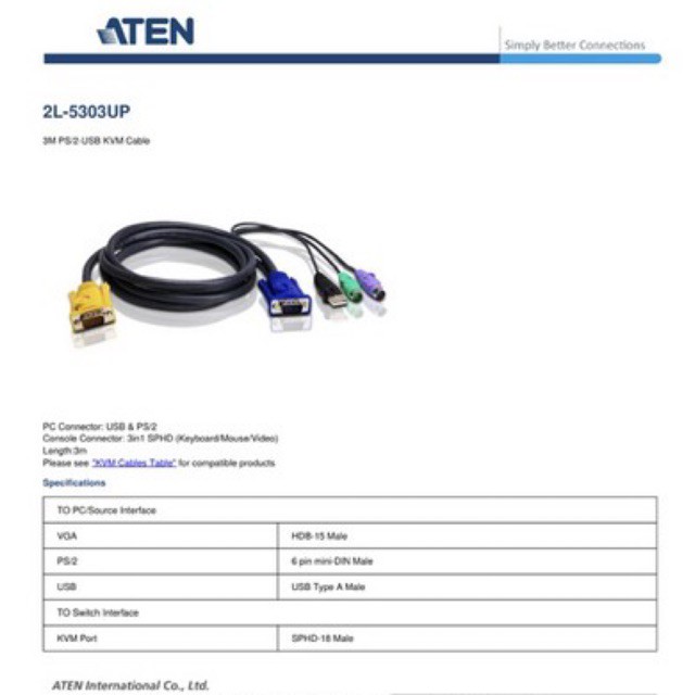 ATEN 1.8m USB KVMケーブル （3 in SPHD コネクター＆ PS/2→USB変換機能付属） 2L-5202UP並行輸入 