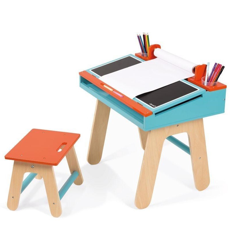 France Janod Kids Learning Drawing Table Set Blue Desk Drawing