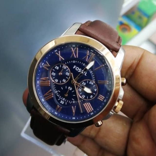 grant chronograph navy leather watch fossil