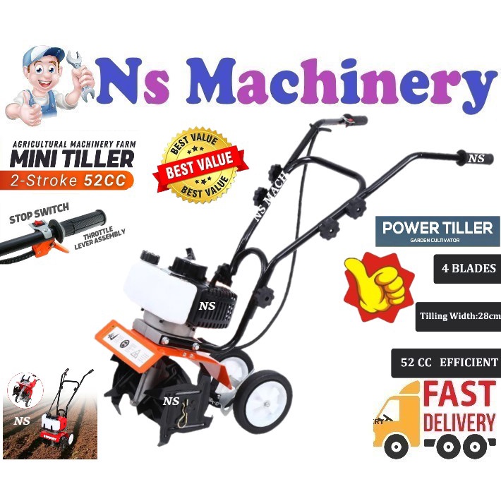 445 Mini Tiller Machine Hand Push weeding 52cc 2Stroke Weeder Petrol