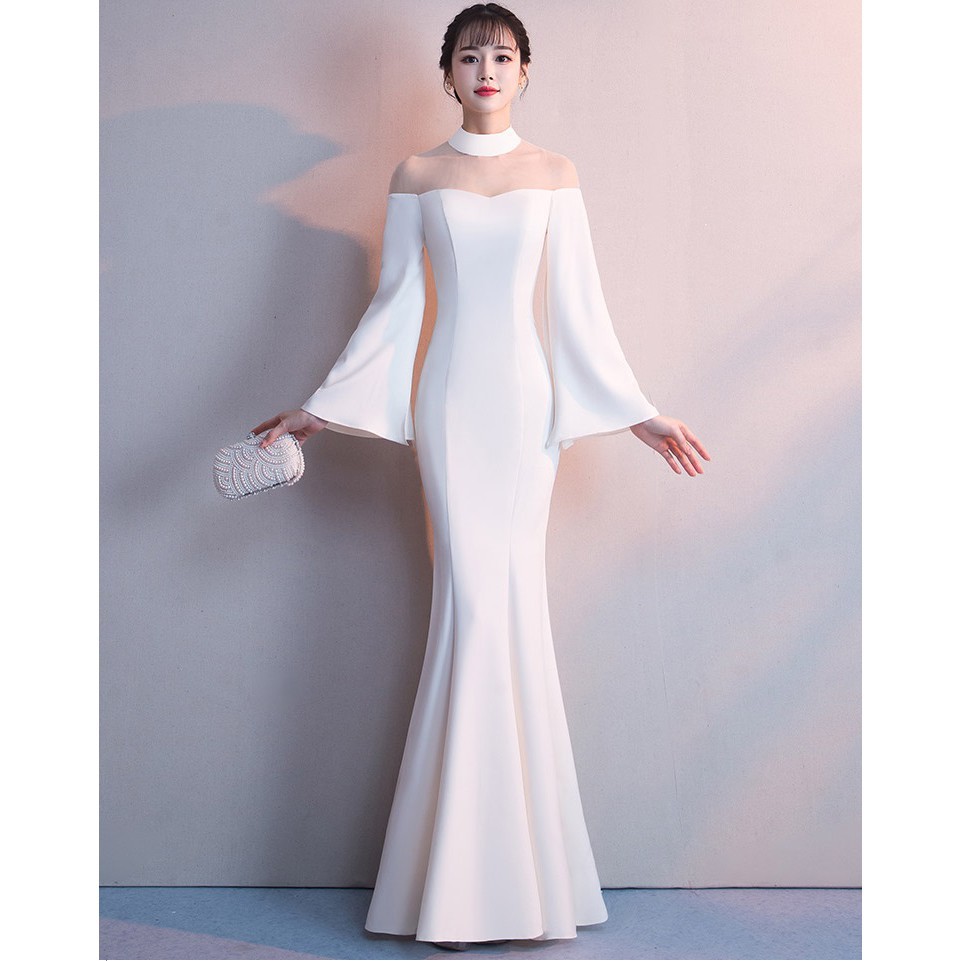 white evening dresses with sleeves