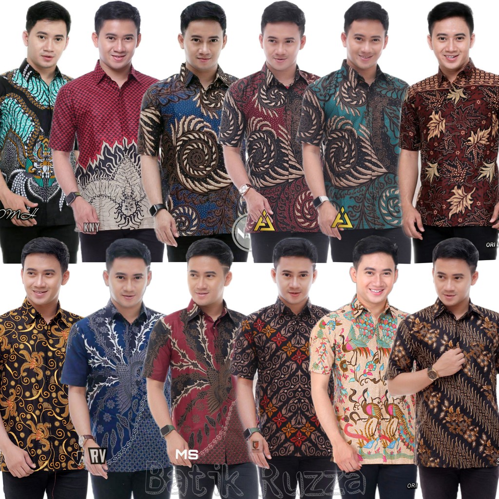 Ruzza Batik Men Short Sleeve Shirt Motif Sogan Threaded Adult Male Tops Size M L XL