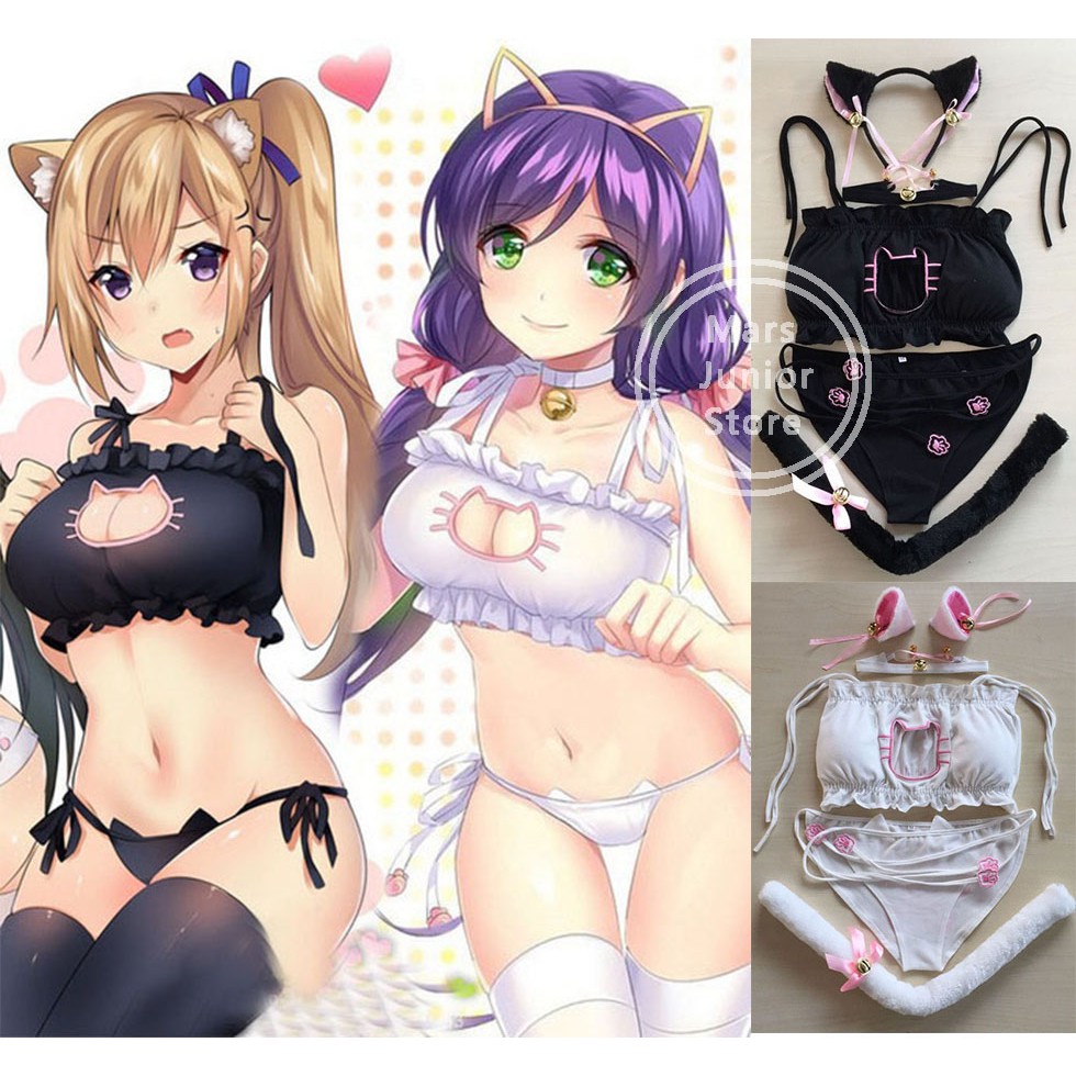 1 Set Cute Girl Anime Cosplay Cat Plaw Hollow Keyhole Bra With Briefs Lingerie Underwear Bras