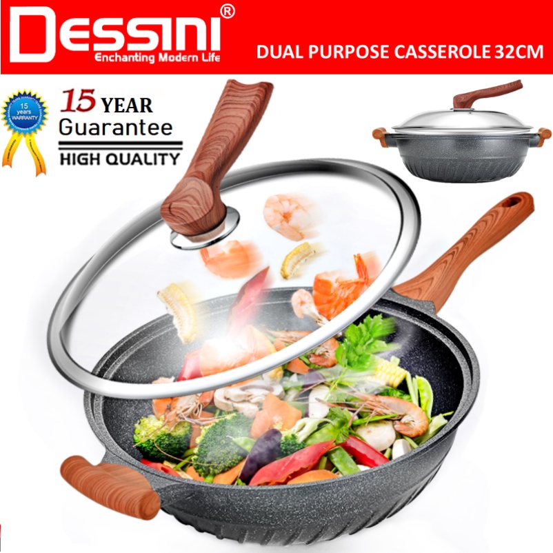 DESSINI ITALY 32CM Marble Stone Induction Casserole Non Stick Frying Pan Wok Pot Bowl Cookware + Cover / Kuali Periuk
