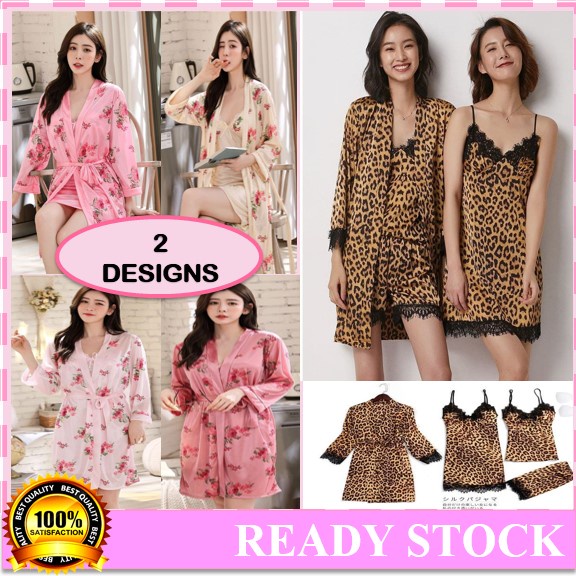 ❤️M&4XL❤️ 4PCS SET Ready Stock Robe Kimono Satin Ice Silk Nightdress Lingerie Pyjamas Baju Tidur Wanita DR01 DR02