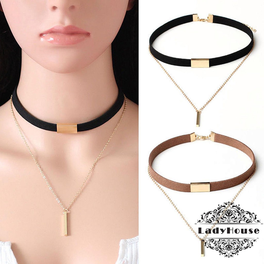 L.2-Fashion Womens Velvet Choker Necklace Gold Plated Chain Pendant Necklace