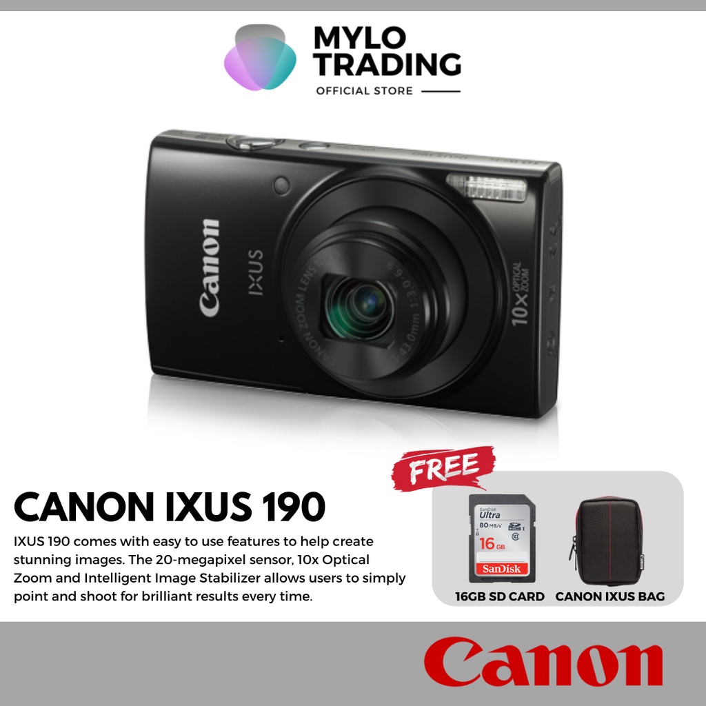 Canon Ixus 190 Digital Compact Camera with Case & Clip Light & Memory