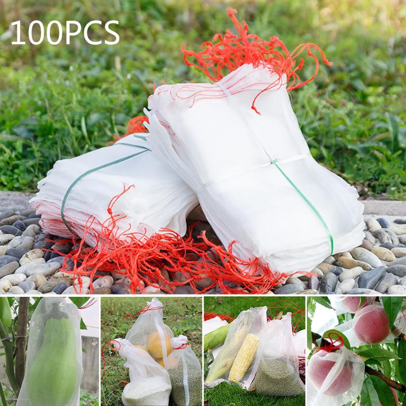 100PCS 15x10CM Garden Fruit Net Bag Fruit Vegetable Insert Protection Growth Bag Anti-bird Plant Protection Bag Drawstring Nylon Net Agricultural Pest Control