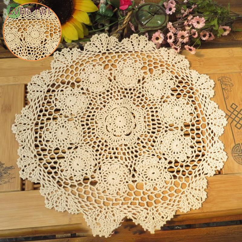 4Pcs/Lot Vintage Hand Crochet Lace Doilies Round Cotton Table Mats 26-28cm Beige 