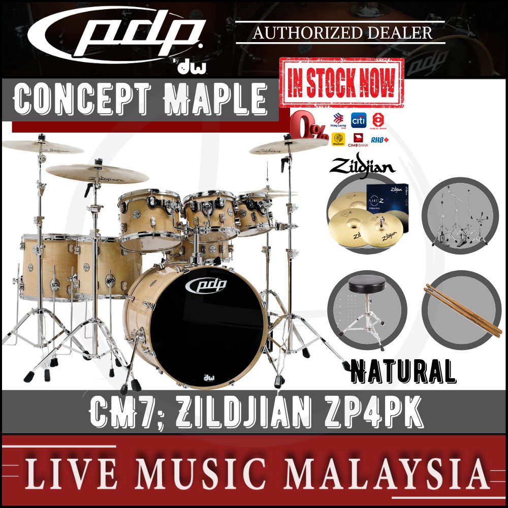Pdp By Dw Cm7 Concept Maple Shell Pack 7 Piece With Zildjian Zp4pk Cymbals Natural 
