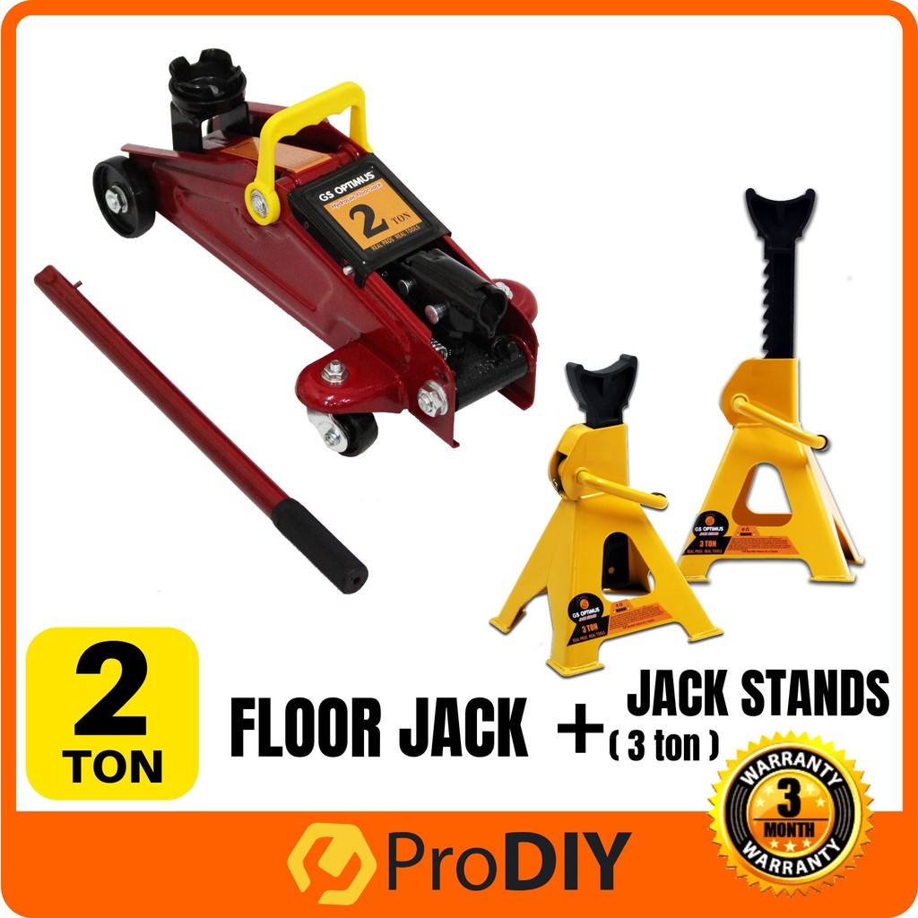 COMBO 2 Ton Hydraulic Floor Jack + 3 Ton Heavy Duty Jack Stand (1Pair/2Pcs) RANDOM COLOUR